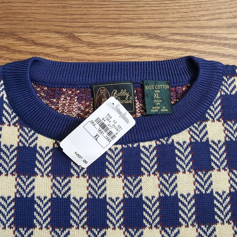 90's Bobby Jones Crewneck Sweater Men's XL  Checkerboard Knit Yellow/Blue NEW